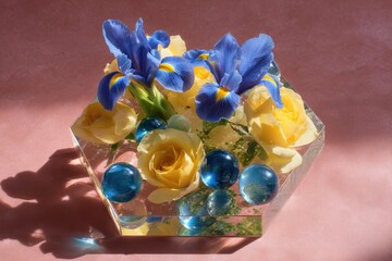 A vibrant floral arrangement, featuring pastel yellow roses and vibrant blue irises, is artfully displayed within a clear acrylic hexagonal vase.