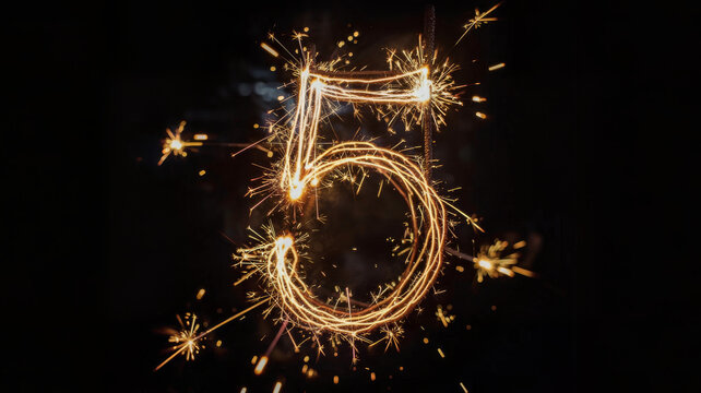 The number five is written in sparklers against a black background, creating a festive and celebratory mood - Powered by Adobe