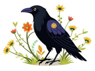 Obraz premium Stylized raven standing amidst flowers in a vibrant vector illustration style