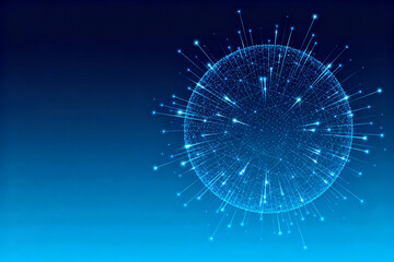 Abstract digital sphere with interconnected nodes and glowing lines on a gradient blue background