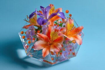 Vibrant floral arrangement in a geometric, clear acrylic container, showcasing various shades of orange, purple, and blue flowers and small, decorative orange beads.