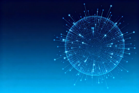 Abstract digital sphere with interconnected nodes and glowing lines on a gradient blue background