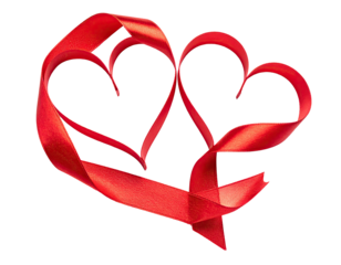 Red ribbon shaped into two intertwined hearts against a black background