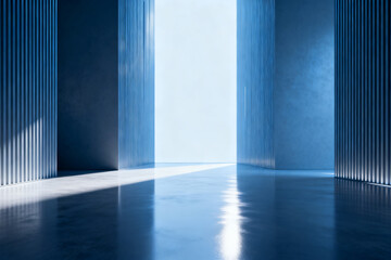 Modern architectural interior with blue-toned columns and a bright central light source