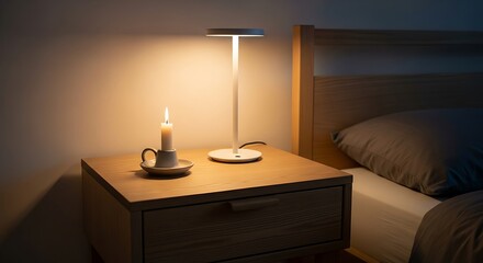 Illuminated bedside arrangement featuring candle lamp and bedroom furniture