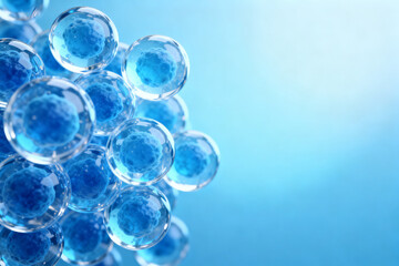 Transparent blue gel beads clustered together against a soft blue gradient background