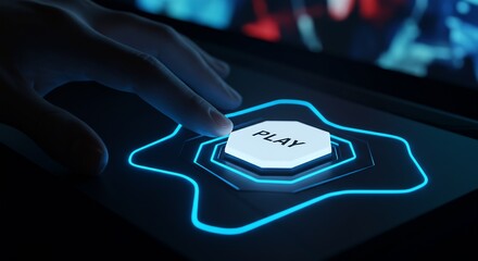Human finger pressing glowing play button on dark digital interface