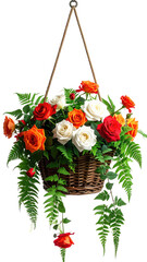 Hanging basket overflowing with vibrant roses and ferns