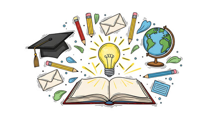Education and learning concept with lightbulb and books isolated on transparent background