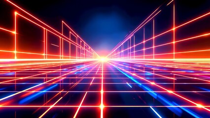 A vibrant digital landscape featuring glowing lines converging towards a bright light, creating a futuristic and dynamic atmosphere.