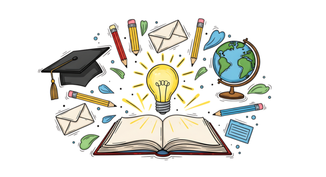 Education and learning concept with lightbulb and books isolated on transparent background