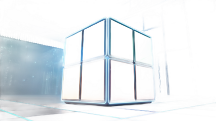 A glowing cube with colorful panels in a dark abstract space with blue and green reflections