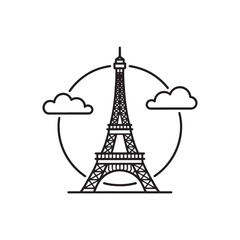 Monochromatic Eiffel Tower Icon with Clouds Framed in Circle A Minimalist Emblem of Parisian Charm and Timeless Architectural Elegance