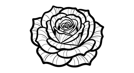 Detailed Rose Flower Outline Illustration with Intricate Petal Lines in Black and White Art Style