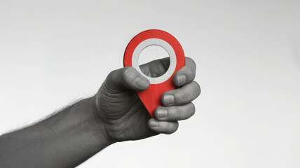 Hand holding a red location pin pointer on a gray scale background isolated on white background
