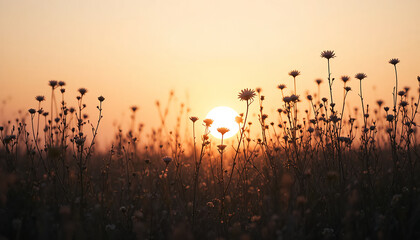 Sunset Over Wildflower Field with Silhouetted Daisies in Warm Orange Light