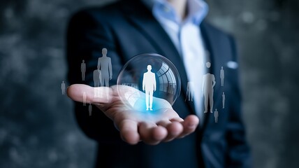 Businessman holding bubble with human icon, talent management concept