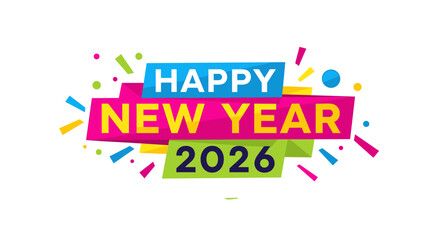 Stylish Happy New Year 2026 Greeting Card Design with Festive Banners and Vibrant Confetti Elements