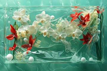 A rectangular, clear acrylic display case holds a captivating arrangement of white orchids and vibrant red flowers, bathed in a teal-colored background.