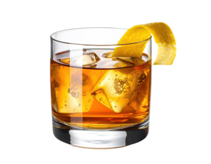 A whiskey cocktail with ice and a lemon twist