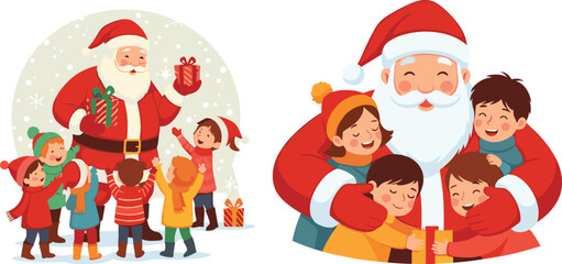 Santa Claus giving gifts, children hugging Santa, Christmas holiday joy, festive family celebration, happy kids with presents, winter holiday season illustration