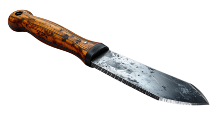 A knife with a wooden handle and a steel blade
