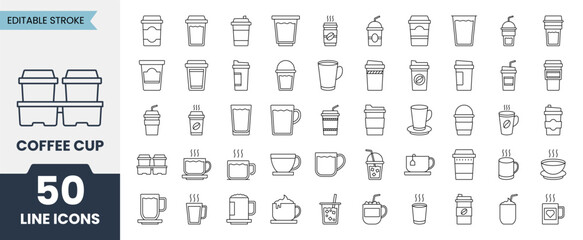 Coffee cup line icons set with editable stroke. Containing coffee, paper cup, drink, mug, container and More. Vector illustration