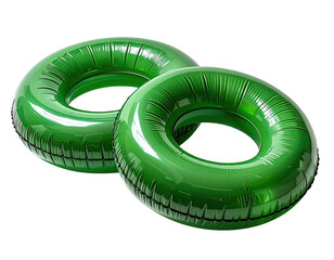 Two bright green inflatable rings, overlapping slightly,  isolated on black