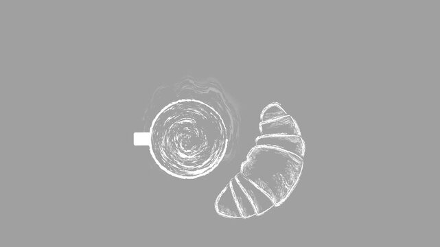 Chalk Style Coffee Cup and Croissant Animation on Transparent Background