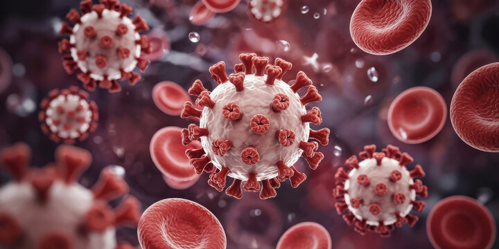 Close up of coronavirus virions with red blood cells in a microscopic view to represent the covid19 pandemic