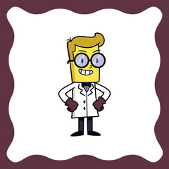 Cartoon scientist with glasses and lab coat ready for experiments and research.