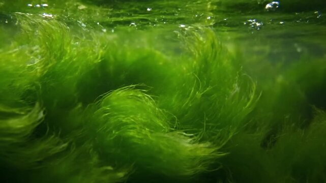 Abstract close-up of colorful algal blooms in a tide pool, revealing swirling patterns of red, green, and brown hues, with sunlight glinting off the water's surface. no data