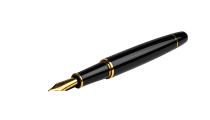 A black fountain pen with a gold nib, angled slightly.  The pen is smooth and glossy, highlighting the precision of its craftsmanship