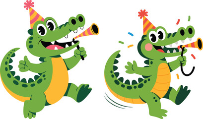 Fototapeta premium Two happy cartoon alligators celebrating with party hats and noisemakers