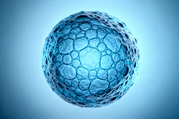 A blue spherical structure with a cellular, honeycomb-like surface texture against a gradient background