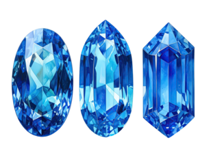 Three vibrant blue gems against a black background
