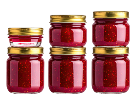 Stacked glass jars filled with red fruit preserves.  Gold lids