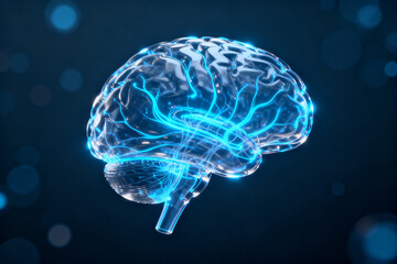 Digital representation of a human brain with glowing neural pathways