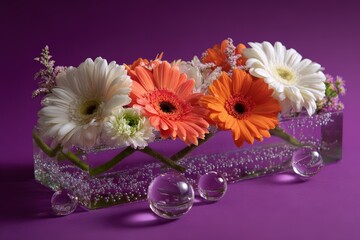 Obraz premium A delightful arrangement of white and orange gerbera daisies in a rectangular glass vase with water and decorative glass orbs, set against a deep purple backdrop.