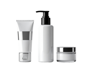 Three white cosmetic containers.  Empty, glossy,  pump bottle, tube, and jar.  Modern, minimalist design