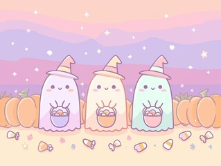 Cute pastel kawaii illustration of three little ghosts in witch hats, holding pumpkins and candy corn. Perfect for Halloween designs.