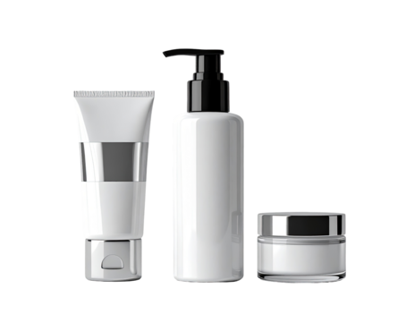 Three white cosmetic containers.  Empty, glossy,  pump bottle, tube, and jar.  Modern, minimalist design