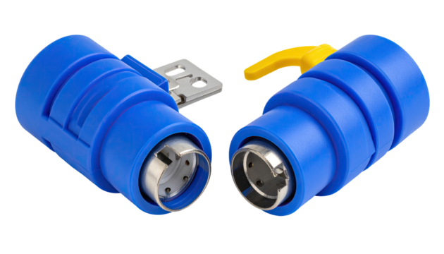 Two blue electrical connectors with a yellow lever