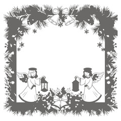 Fototapeta premium Christmas Holiday Frame with Two Angels Holding Lanterns.
