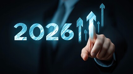 Businessman interacting with a digital hologram of "2026" and an upward arrow, symbolizing business growth and success in a modern office setting.