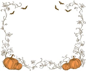 Halloween frame with pumpkins, bats, vines, and leaves, hand-drawn vector illustration in a cute vintage style with pastel colors and delicate lines, perfect for text or image placement, isolated on a