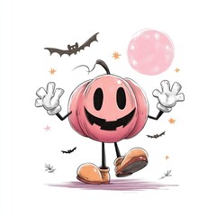 Cute pumpkin character with white gloves, waving surrounded by bats and pastel clouds, with 'Hello Halloween' above. Simple watercolor design, perfect for children’s illustrations and festive designs.