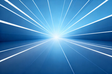 Abstract blue tunnel with radiant light beams converging toward a bright center
