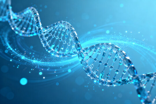 Digital representation of a DNA double helix with glowing blue strands and particles on a gradient background