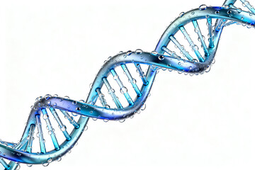 Double helix DNA structure with blue translucent strands and water droplets